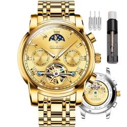 OLEVS Herren Automatikuhren Skelett Mechanische Selbstaufzug Luxus Kleid Armbanduhr Mond Phase Tag Datum Wasserdicht Leuchtend Zwei Ton Uhren Geschenke, G6617-all Gold, Armband von OLEVS