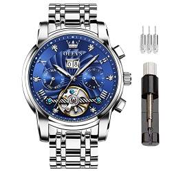 OLEVS Herren Automatikuhren Skelett Mechanische Selbstaufzug Luxus Kleid Armbanduhr Mond Phase Tag Datum Wasserdicht Leuchtend Zwei Ton Uhren Geschenke, G9910-blau, Gurt von OLEVS