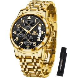 OLEVS Herren Gold Armbanduhr Schwarz Zifferblatt Leuchtend Quarz Herren Chronograph Uhren Edelstahl Luxus Mode Herrenuhren mit Kalender Luxus Arabische Ziffern Analog Kleid Uhren für Herren Geschenke von OLEVS