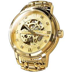OLEVS Herren Gold Skelett Automatisch Mechanische Uhren Luxus Business Kleid Selbstaufzug Diamant Edelstahl Wasserdicht Leuchtende Armbanduhren, All Glod von OLEVS