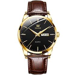 OLEVS Herren Lederuhr, Business Casual Tag Datum Analog Quarz Männer Kleid Uhr, Klassisch Wasserdicht Leuchtende Armbanduhr für Männer, A2 schwarzes Zifferblatt+brauner Riemen, Standard von OLEVS