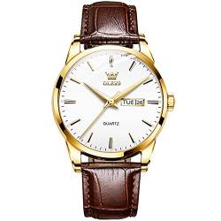 OLEVS Herren Lederuhr, Business Casual Tag Datum Analog Quarz Männer Kleid Uhr, Klassisch Wasserdicht Leuchtende Armbanduhr für Männer, A3 weißes Zifferblatt+braunes Band, Standard, Gurt von OLEVS