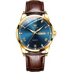 OLEVS Herren Lederuhr, Business Casual Tag Datum Analog Quarz Männer Kleid Uhr, Klassisch Wasserdicht Leuchtende Armbanduhr für Männer, B1 blaues Gesicht+braunes Band, Standard von OLEVS