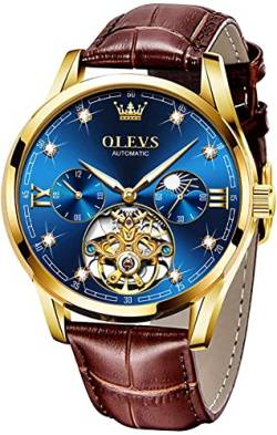 OLEVS Herren Luxus Uhr Skelett Tourbillon Automatik Selbstaufzug Saphir Kristall Diamant Mondphasen-Anzeige Echtes Leder Business Kleid Uhren Blaues Zifferblatt und braunes Band. von OLEVS