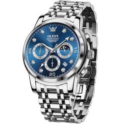 OLEVS Herren Silber Armbanduhr Analog Kleid Herrenuhr Blau Zifferblatt Chronograph Herrenuhr Edelstahl Diamant Herren Uhr mit Kalender Mondphase Lässig Quarz Uhr für Herren Leuchtend Leicht zu Lesen von OLEVS