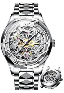 OLEVS Herren-Skelett-Armbanduhr, automatisch, mechanisch, selbstaufziehend, Saphirkristall, luxuriös, Wolframstahl, wasserdicht, zweifarbiges Armband, Weißes Zifferblatt, Armband von OLEVS
