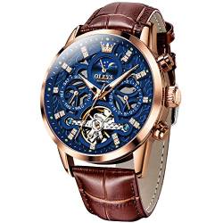 OLEVS Herren Skelett Armbanduhr Automatik Designer Luxus Mechanische Armbanduhren Braun Leder Kleid Casual Moon Phase Leuchtend Wasserdicht, Gold und Blau, Riemen von OLEVS