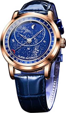 OLEVS Herren Uhren Sternen Himmel Mondphase Zifferblatt Mechanisch Automatische Aufziehen Blau Lederband Armbanduhr Mode Kleid Wasserdicht Leuchtende Männer Uhr von OLEVS