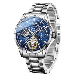 OLEVS Herren Uhren Sternen Himmel Mondphase Zifferblatt Mechanisch Automatische Aufziehen Edelstahl Silber Blau Armbanduhr Mode Kleid Wasserdicht Leuchtende Männer Uhr von OLEVS