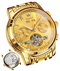 OLEVS Herrenuhren Automatik Gold Mechanische Armbanduhr mit Tourbillon Kalender Wasserdicht Leuchtende Zweifarbige Uhren Männer von OLEVS