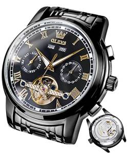 OLEVS Herrenuhren Automatik Mechanische Schwarz Armbanduhr mit Tourbillon Kalender Wasserdicht Leuchtende Zweifarbige Uhren Männer von OLEVS