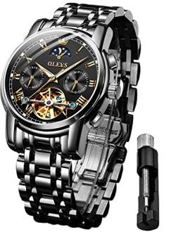 OLEVS Herrenuhren Automatik Schwarz Skelett Mechanische Luxus Kleid Armbanduhr mit Mondphase Tag Datum Wasserdicht Leuchtende Zweifarbige Uhr von OLEVS