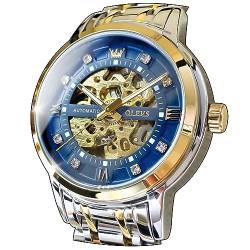 OLEVS Herrenuhren Automatik Skelett Gold Blau Mechanische Armbanduhr mit Diamant Wasserdicht Leuchtende Männer Uhr von OLEVS