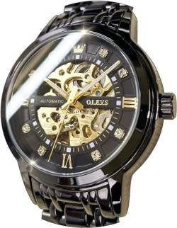 OLEVS Herrenuhren Automatik Skelett Schwarz Mechanische Armbanduhr mit Diamant Wasserdicht Leuchtende Männer Uhr von OLEVS
