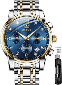 OLEVS Herrenuhren Blau Edelstahlarmband Quarz Uhr Männer mit Diamant Datum Wasserdicht Leuchtende Klassische Elegantes Armbanduhr Geschenk von OLEVS