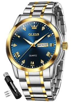 OLEVS Herrenuhren Gold Blau Edelstahl Quarz Uhr Männer mit Diamant Gesicht Tag Datum Wasserdicht Klassische Elegante Armbanduhr Geschenk von OLEVS