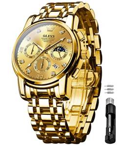 OLEVS Herrenuhren Gold Geschenke Edelstahl Uhr Wasserdicht Leuchtende Lässige Elegante Männer mit Diamant Gesicht Business Quarz Armbanduhr von OLEVS