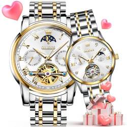 OLEVS Paar Uhren-Set, automatisch, mechanisch, selbstaufziehend, passende Armbanduhr für Sie und Ihn, Valentinstagsgeschenk, 6617 + 6608: zweifarbiges Band und weißes Zifferblatt von OLEVS