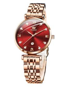 OLEVS Rose Gold Uhr für Frauen Diamant Luxus Kleid Armbanduhr Leuchtend Wasserdicht, Rotgold/Rot, elegant von OLEVS