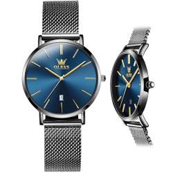 OLEVS Roségold Damen Uhr Edelstahl Kleid Damen Datum Stilvolle Armbanduhr Blau Gesicht Mode Wasserdicht Mesh Armband Uhr für Frauen Ultra Slim Minimalistisch Runden Analog Quarz Uhren Damen Drei Hände von OLEVS