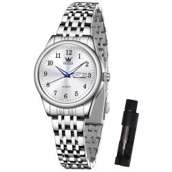 OLEVS Silber Damenuhren für Frauen Kleines Gesicht Stylish Analog Kleid Uhren Damen Edelstahl Leuchtend Damenuhr Arabische Ziffern Quarz Weiß Armbanduhr Damen mit Kalender Wasserdicht Leicht zu Lesen von OLEVS