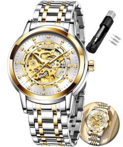 OLEVS Skelett-Uhren für Herren, automatisch, mechanisch, Edelstahl, selbstaufziehend, wasserdicht, zweifarbig, Leuchtend, männliche Armbanduhr, Gold und Weiß, Luxuriöses Geschäft von OLEVS