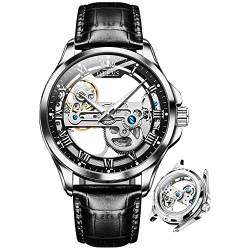 OLEVS Skelett-Uhren für Herren, automatisch, selbstaufziehend, mechanisch, luxuriös, Leder, wasserdicht, leuchtende Herren-Armbanduhr, Skelett-Uhr: schwarzes Leder, schwarzes Zifferblatt von OLEVS