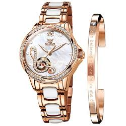 OLEVS Uhren für Frauen, selbstaufziehend, automatisch, mechanische Damen-Armbanduhr, zweifarbig, Edelstahl, Keramikarmband, Herz, Diamant, modisch, leuchtend, Weiß-5565, Edelstahl-Armbanduhr von OLEVS