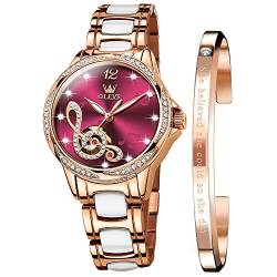 OLEVS Uhren für Frauen, selbstaufziehend, automatisch, mechanische Damen-Armbanduhr, zweifarbig, Edelstahl, Keramikarmband, Herz, Diamant, modisch, leuchtend, wasserdicht, Rot-2, Selbstaufziehend von OLEVS