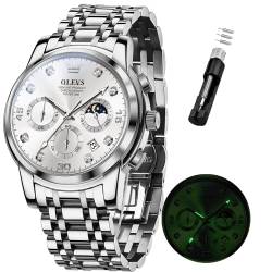 OLEVS Uhren für Herren Diamant Luxus Kleid Chronograph Quarz Uhr Business Casual Datum Mondphase Herrenuhr Wasserdicht Leuchtende Edelstahl Herrenuhr, Silbernes Armband und weißes Zifferblatt, Armband von OLEVS