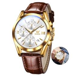 OLEVS Weiß Gesicht Armbanduhr Herren Mode Kleid Uhren für Männer Chronograph Multi Gold Fall Herren Braun Uhren Lederarmband mit Datum Leuchtend Uhr Herren Großes Handgelenk Wasserdicht Lässig von OLEVS