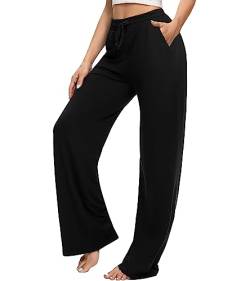 OLIKEME Damen Yogahose Bootcut Hohe Taille Kordelzug Bequeme Baumwolle Lounge Sweatpants mit Taschen, schwarz, X-Groß von OLIKEME