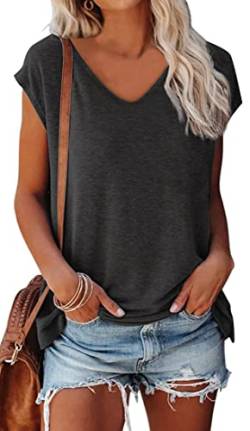 OLIPHEE Basic Damen T-Shirt mit Flügelärmeln Klassischer V-Ausschnitt Oberteil Einfarbig Sommertop Mädchen Tee Aschwarz XL von OLIPHEE