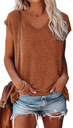 OLIPHEE Basic Damen T-Shirt mit Flügelärmeln Klassischer V-Ausschnitt Oberteil Einfarbig Sommertop Mädchen Tee Braun L von OLIPHEE