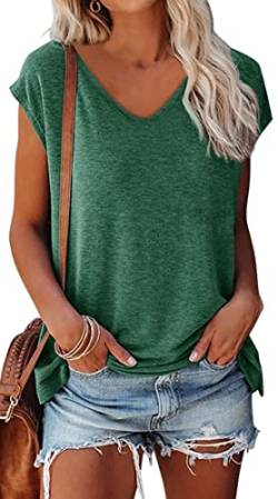 OLIPHEE Basic Damen T-Shirt mit Flügelärmeln Klassischer V-Ausschnitt Oberteil Einfarbig Sommertop Mädchen Tee Dunkelgrün S von OLIPHEE