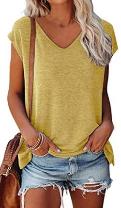 OLIPHEE Basic Damen T-Shirt mit Flügelärmeln Klassischer V-Ausschnitt Oberteil Einfarbig Sommertop Mädchen Tee Gelb S von OLIPHEE