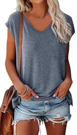 OLIPHEE Basic Damen T-Shirt mit Flügelärmeln Klassischer V-Ausschnitt Oberteil Einfarbig Sommertop Mädchen Tee Graublau XL von OLIPHEE