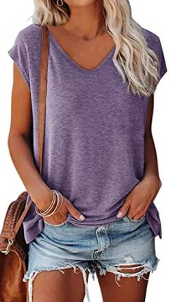 OLIPHEE Basic Damen T-Shirt mit Flügelärmeln Klassischer V-Ausschnitt Oberteil Einfarbig Sommertop Mädchen Tee Lila XXL von OLIPHEE