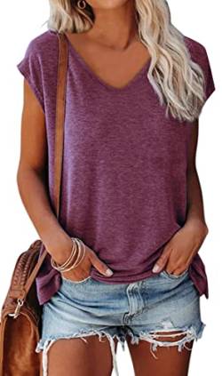 OLIPHEE Basic Damen T-Shirt mit Flügelärmeln Klassischer V-Ausschnitt Oberteil Einfarbig Sommertop Mädchen Tee Maroon L von OLIPHEE