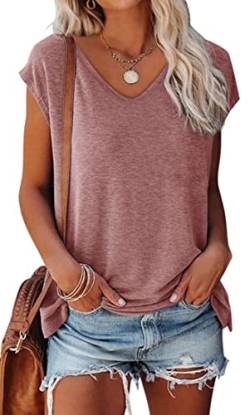 OLIPHEE Basic Damen T-Shirt mit Flügelärmeln Klassischer V-Ausschnitt Oberteil Einfarbig Sommertop Mädchen Tee Rosa L von OLIPHEE