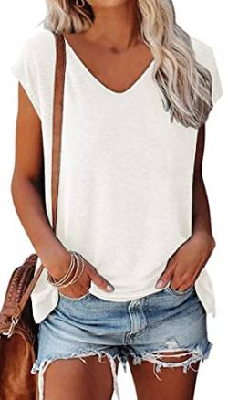 OLIPHEE Basic Damen T-Shirt mit Flügelärmeln Klassischer V-Ausschnitt Oberteil Einfarbig Sommertop Mädchen Tee Weiss L von OLIPHEE