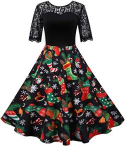 OLIPHEE Damen 3D Print Weihnachtskleider Vintage Christmas Print Kurzrm Spitzenkleid Abendkleid Party Swing Kleid Club Festival Karneval Kleid von OLIPHEE