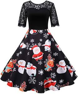 OLIPHEE Damen 3D Print Weihnachtskleider Vintage Christmas Print Kurzrm Spitzenkleid Abendkleid Party Swing Kleid Club Festival Karneval Kleid von OLIPHEE