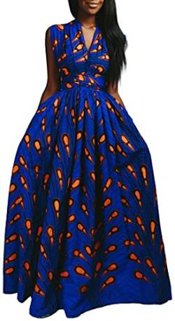 OLIPHEE Damen Afrikanische Kleider ärmelloses Maxikleid Blumenmuster Mehrfarbig Abendkleid Elegant Cocktailkleid (Blauorange,Small) von OLIPHEE