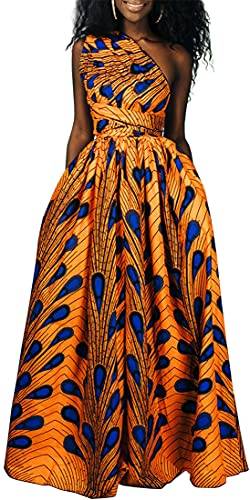 OLIPHEE Damen Afrikanische Kleider ärmelloses Maxikleid Blumenmuster Mehrfarbig Abendkleid Elegant Cocktailkleid (Gelbblau,Medium) von OLIPHEE