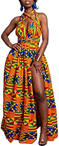 OLIPHEE Damen Afrikanische Kleider ärmelloses Maxikleid Blumenmuster Mehrfarbig Abendkleid Elegant Cocktailkleid (Geometrie,Large) von OLIPHEE