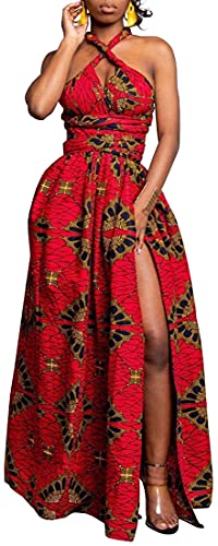 OLIPHEE Damen Afrikanische Kleider ärmelloses Maxikleid Blumenmuster Mehrfarbig Abendkleid Elegant Cocktailkleid (Karo,Large) von OLIPHEE