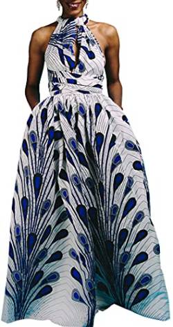 OLIPHEE Damen Afrikanische Kleider ärmelloses Maxikleid Blumenmuster Mehrfarbig Abendkleid Elegant Cocktailkleid (Weissblau,Medium) von OLIPHEE