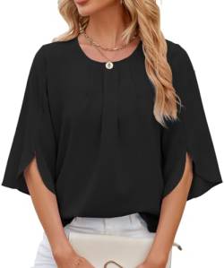 OLIPHEE Damen Bluse Elegant Hemd mit 1/2 Arm Knopf T-Shirts Tunika Einfarbig Rundhalsausschnitt Fledermausärmel Tops (L,Aschwarz) von OLIPHEE