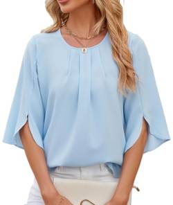 OLIPHEE Damen Bluse Elegant Hemd mit 1/2 Arm Knopf T-Shirts Tunika Einfarbig Rundhalsausschnitt Fledermausärmel Tops (M,Hellblau) von OLIPHEE